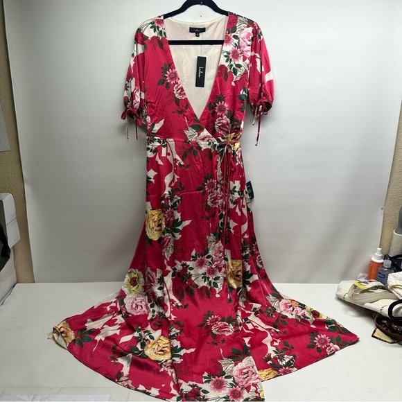 NWT Lulu’s Lovable Look Pink Floral print  Puff Sleeve Wrap Maxi Dress large - Picture 11 of 14